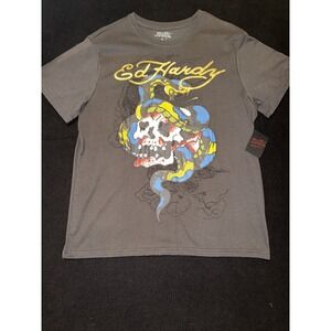 Ed Hardy "Skull Snake" Graphic T-Shirt Charcoal Short Sleeve Mens Large
